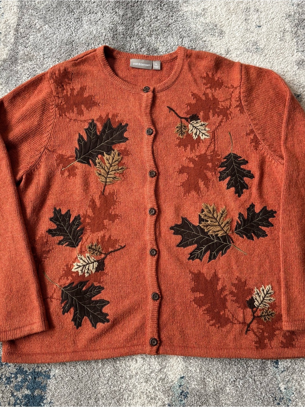 Vintage Autumn Leaf Embroidered Button-Front Sweater Cardigan Rust XL